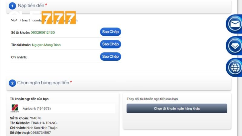 Nạp tiền ole777 qua tài khoản ngân hàng